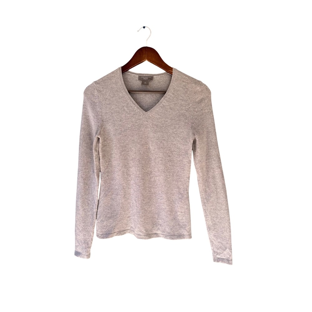 Ann Taylor Cashmere Petite V-Neck Sweater Heather Grey Small Petite SP Long Slee